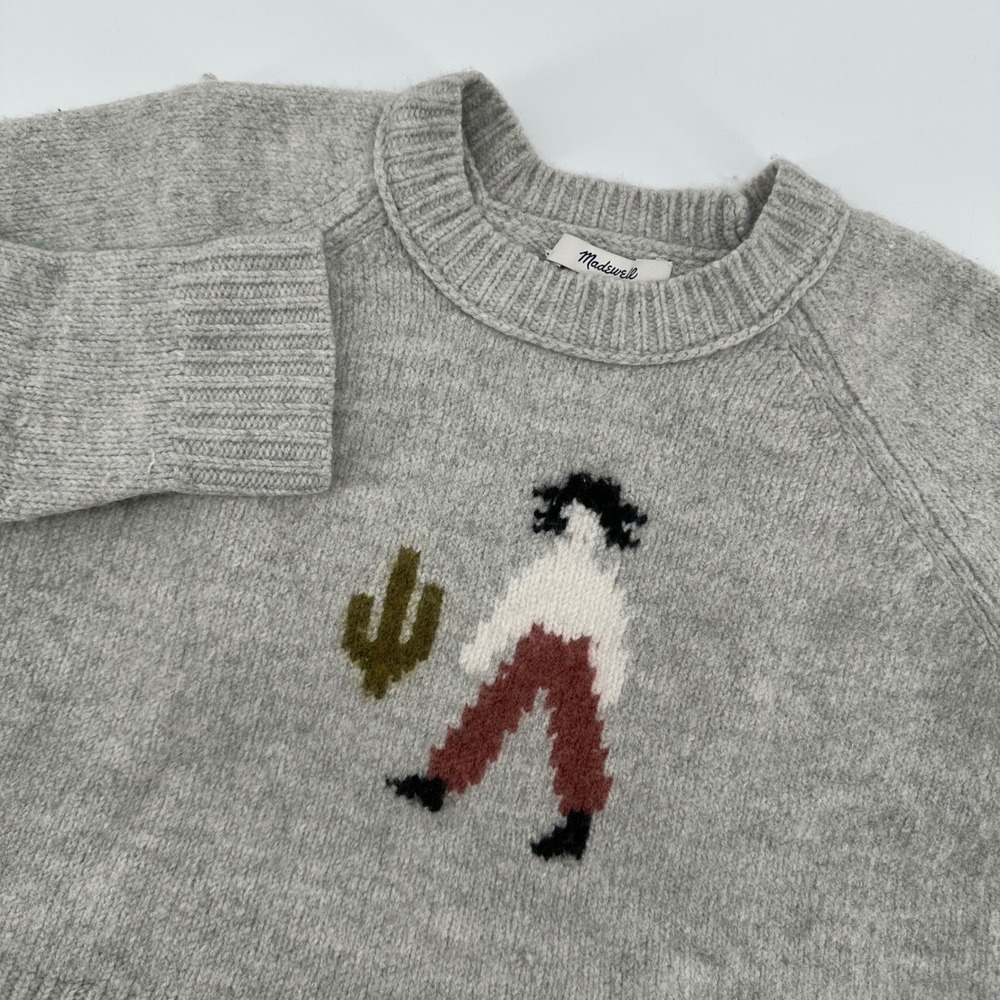 Madewell Girls Wool Sweater Small Gray Western Cactus Crew Neck‎ Pullover